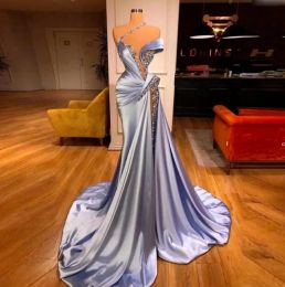 Sky Blue Mermaid Prom Dresses Ruffles Pärled Elegant Sweep Train Evening Gowns Robe de Soiree Formal Party Dress BC11504