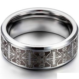 With Side Stones Boniskiss Tungsten Vintage Men S Ring 8Mm Cool Gift Jewellry Man Engrave Wedding Bands Anillos Hombre Unique Bijoux Dhepf