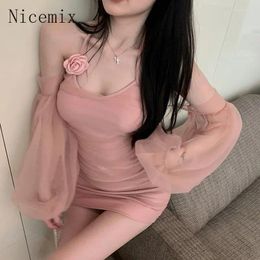 Casual Dresses Spring Mesh Halter Pink Sling Dress Women Summer 3D Rose Spicy Girls Off Shoulder Waist Wrap Hip Slim Sexy Short