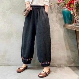 Women's Pants Cotton Linen Embroidery Elastic Waist Loose Casual Baggy Vintage Korean Style Trousers Harem Women Clothing