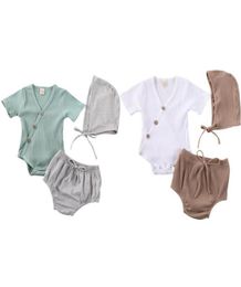 Jumpsuits 2021 Baby Boys Girls Cotton Romper Outfit Ribbed Sleeveless V Neck Tops Striped Short Pants Cap 3Pcs Clothes Set8599791