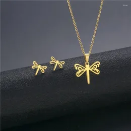 Necklace Earrings Set Cute Animal Dragonfly Stud For Women And Girls Fashion Golden Stainless Steel Jewellery