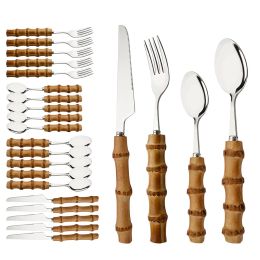 Sets Silver 24Pcs Creative Home Bamboo Handle Dinnerware Cutlery Set Stainless Steel Tableware Steak Knives Fork Spoon Set For Home