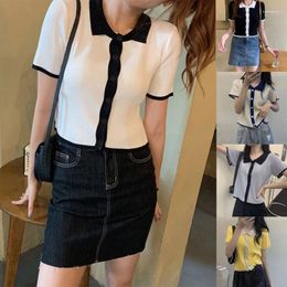 Women's T Shirts Y166 Women Ribbed Knit Cropped Cardigan Short Sleeve Lapel Button Colorblock Sweater