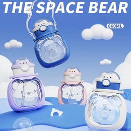 Water Bottles 860ML Kawaii Aerospace Bear Cute Tritan For Kids With Straw Plastic BPA Free Portable Drink Belly Cup Leakproof