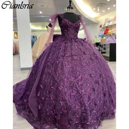 Purple Sequined Lace Ribbons Ball Gown Quinceanera Dresses Off The Shoulder 3D Butterfly Bow Corset Vestidos De 15 Anos