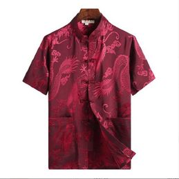 Hot Sale New Chinese Style Men High Quality Satin Short Sleeved Shirt Embroidered Dragon Tang Clothing Casual Kung Fu Tops Shirts