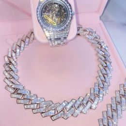 Luxury 18MM Baguette Cuban Link Chan Necklace Iced Out Bracelets 14k White Gold Icy Cubic Zirconia Hiphop Jewelry249w