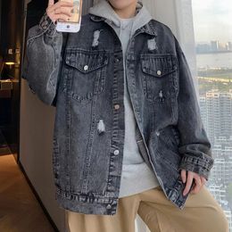 S-3XL Denim Jackets Men Autumn Blocking Hip Hop American Style Washed Daily Frayed Personality Youthful Handsome Outwear 240227