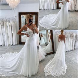 Gorgeous Lace A Line Boho Wedding Dresses Sexy New Spaghetti Straps Chiffon Applique Beach Long Bridal Gowns Open Back Robes de mariage BC16263 0229