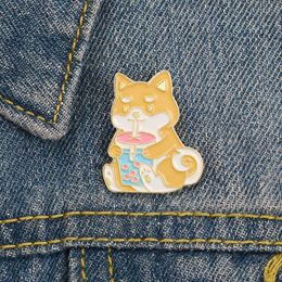 Fun and Personalized Chai Dog Drinking Milk Tea Brooch, Student Cartoon Enamel Alloy Oil Dripping Brooch Accessory