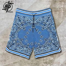 Men's Shorts High Quality Vintage Paisley Print Men Cashmere Knitted ShortsEmbroidered Sweatpant Social Club Outfits Blue