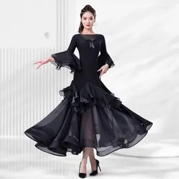 Stage Wear 2024 Ballroom Dance Competition Dress For Women Mesh Bishop Sleeved National Standard Clothes Female Modern DN15884