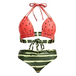 Women's Swimwear Women Swimsuit 2024 Two Piece Bathing Suits Watermelon Printed Halter Ring Bikini Sets Triangles Female Beachwear