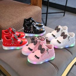 Flat shoes ldren Glowing Sneakers Kid Princess Bow for Girls LED Shoes Cute Baby with LightH24229