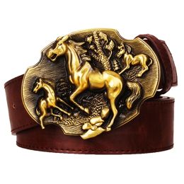 Belts Golden Galloping Horse Leather Belt Wild Horse Run Mustangs Americans West Cowboy Style Waistband