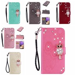 Bling Diamond Leather Wallet Cases For Samsung S24 Ultra Plus A55 A35 Xiaomi Redmi Note 13 Pro Plus 4G 5G 3D Owl Flower Print Lace Night Bird Card Holder Flip Cover Pouch