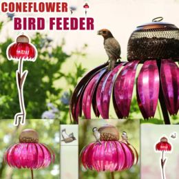 Nests Bird Feeder Bottle with Stand Metal Flower Shaped Outdoor Garden Decoration Pink Coneflower Bird Feeder Container Accessories