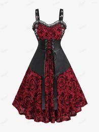 Casual Dresses ROSEGAL Plus Size Women's Lace Trim Lace-up Grommets PU Leather Patchwork Floral Flocking 2 In 1 Dress Vestidos