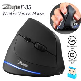Mice ZELOTES F35 Gaming Vertical Mouse Blue Cold Light 6 Buttons 2400 DPI Adjustable Wireless Ergonomic Optical Vertical Mice for PC