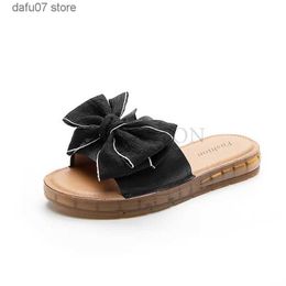 Slippers Genuine Leather Cowhide for Women Summer Bow Knot Design Korean Soft Sole Slides Ladies Flats Womens ShoesH24229