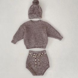 Sets Herbst Winter Kinder Gestrickte Kleidung Anzug Lange Ärmeln Gestrickte Pullover Top + Shorts + Hut Neugeborenen Baby Mädchen Kleidung set