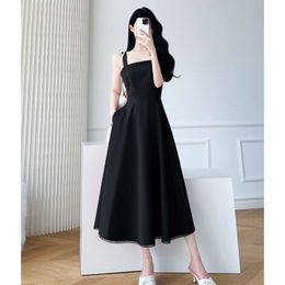 Womens Hepburn Style Summer Dress French Square Neck Black Slimming Long Skirt with Suspender Strap Small Black Skirt Paired with SuitXK73