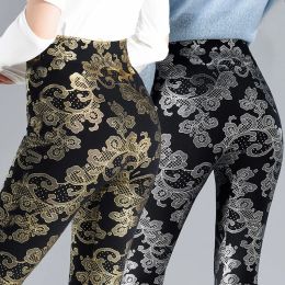 Capris Autumn Winter Sequin Floral Women's Glitter Warm Velvet Leggings Pants High Waist Elastic Black Bottoms Pencil Trousers