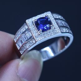 Whole Luxury Jewelry Pure Real Soild 925 Sterling Silver Blue Sapphire 5A CZ Round Cut Gemstones Wedding Men Band Ring Gift Si279s