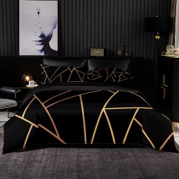 Set Simlpy Black Bedding Set,High Quality Duvet Cover,Golden Geometric Lines Print for Queen King Size Bed Set with Pillowcase Sheer Curtains