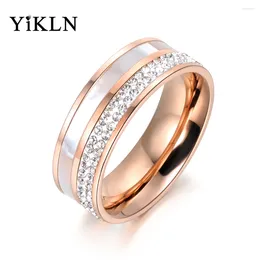 With Side Stones YiKLN Classic Rose Gold Color Rhinestone Shell Wedding Rings Jewelry 316L Stainless Steel Engagement Ring For Women Gift