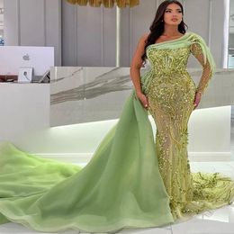 2024 Aso Ebi Sage Mermaid Prom Dress Beaded See Through Evening Formal Party Second Reception 50Th Birthday Engagement Gowns Dresses Robe De Soiree Zj86