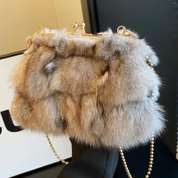Evening Bags Winter Women's Clip Bag 2024 Fluffy Tote Faux Fur Handbag Purse Cute Chain Party Clutch Furry Shoulder Crossbody