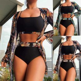 Swim wear Hot Selling Women Bikini 3 Pieces Suit Black/Green/Red Bikini Sets With Long Sleeved Cover Ups High Quality Size Small-XXLarge 240229