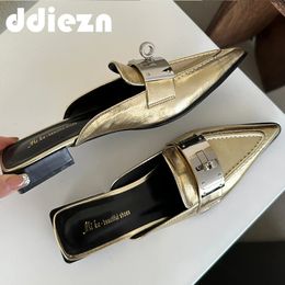 Flats Female for 202 Women Mules Shallow Metal Slides Fashion Footwear Pointed Toe Ladies Slippers Sandals Shoes 240223 b