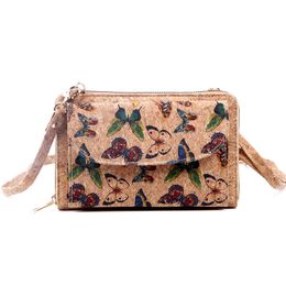 5pcs Wallets Women Cork Leather Butterfly Geometry Printing Cross Phone Flap Cover Long Phone Bag Mix Colour