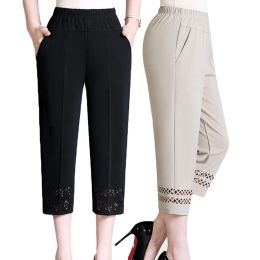 Capris oversized 5XL Summer Women Thin Cropped Pants New Elastic High Waist Straight Pants Hollow Loose Middleaged Female Casual Pants