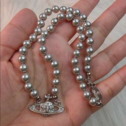 Designer Neckalce Viviennr Westwoods New High Version Silver Grey Pearl Saturn Necklace Design Style Collar Chain for Women