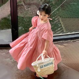 Girl Dresses Girls Casual Round Neck Bubble Sleeved Ankle Length Solid 2024 Spring Summer Children Princess Skirt Sweet