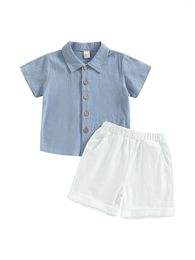 Clothing Sets Baby Boy Girl Summer Clothes Solid Cotton Linen Short Sleeve Button Up T-Shirt Elastic Shorts Set 2Pcs Outfits