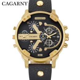 Watches Cagarny Men's Watches Men Fashion Quartz Wristwatches Cool Big Watch Leather Bracelet 2 Times Military Relogio Masculino D6820