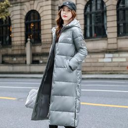 Women's Down X-Long Winter Jacket Solid Hooded Cotton Padded Zipper Long Sleeve Coat Women Thick Warm Woman Parkas