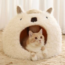 Mats Cat Beds for Indoor Cave with Removable Washable Cushioned Pillow,Soft Plush Premium Cotton Pet Bed,Roomy Bear Cat House Design