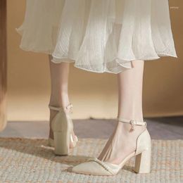 Sandals 2024 Summer Pearl Striped High Heels Women's Thick 7cm Hollow Pointed Single Shoes Women Breathable Shallow Mouth
