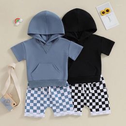 Clothing Sets Toddler Boys Summer Outfits Solid Colour Hooded Short Sleeve T-Shirts Tops And Checkerboard Elastic Waist Shorts 2Pcs Clothes