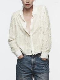 Women's Blouses Women Shirts Tops 2024 High Street Fashion Spring Summer Frayed Shirt Top Lapel Collar Long Sleeve Buttoned Casual White