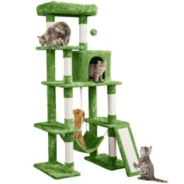Scratchers Upholstered 5Level 63" Cat Tree with Hammock & Scratching Posts, Green,Cat Supplies Cat Climbing Frame, Cat Toys