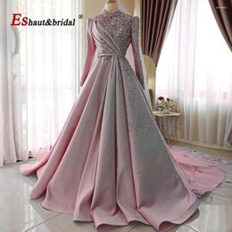 Party Dresses Elegant Satin Muslim Evening Night Dress For Women 2024 High Neck Long Sleeves Aline Beads Sequin Formal Prom Wedding Gown
