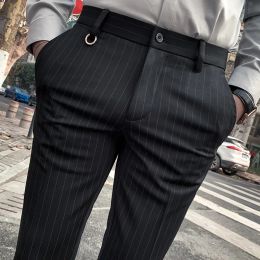 Pants Men's Suit Pants Dress Pants New Stretch Slim Straight Black Striped Formal Pants Boutique Fashion Men's Clothing Ankle Trouser