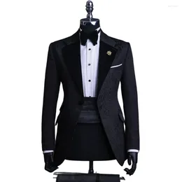 Men's Suits Black Jacquard Suit Velvet Peaked Lapel Man Clothing Wedding Groom Prom Formal Business Terno Masculino Dress Sets 2 Pcs